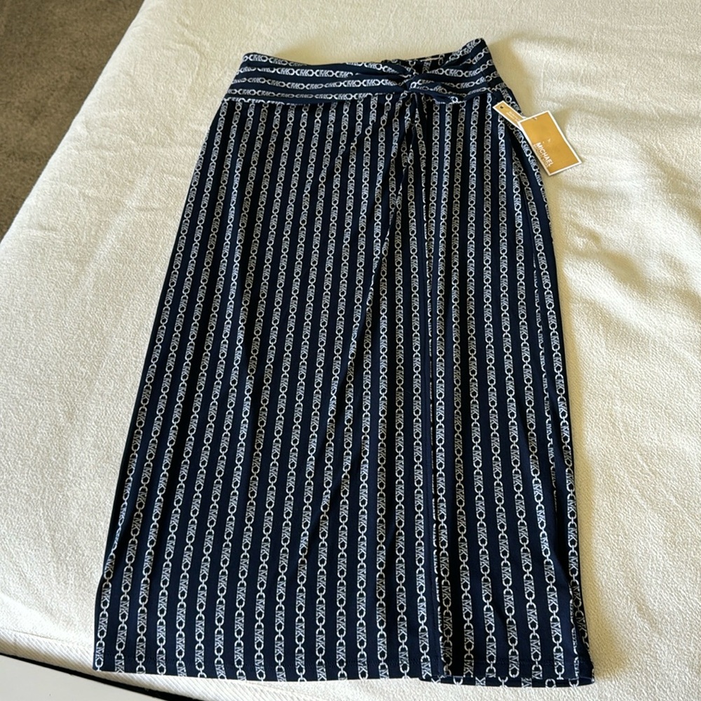 Michael Kors Twist Front Chain Link Print MIDI Skirt Sz M NWT